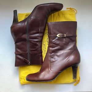 Joan & David dark brown boots with side buckle and 3 inch heel.